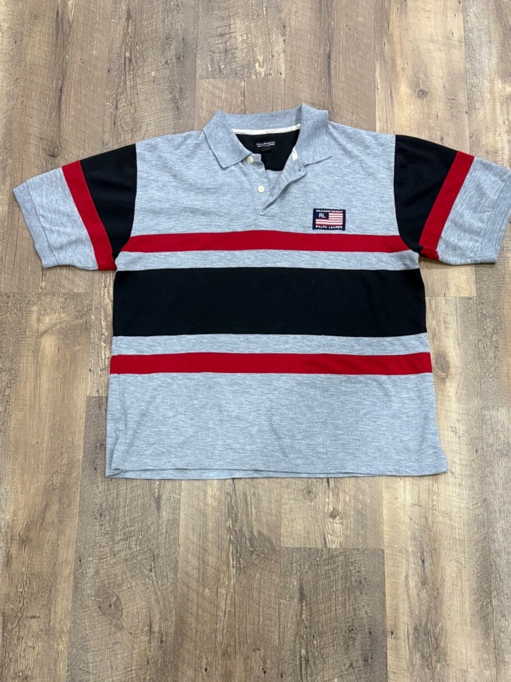 Vintage Striped Polo Shirt with Patch - Gray, Black & Red
